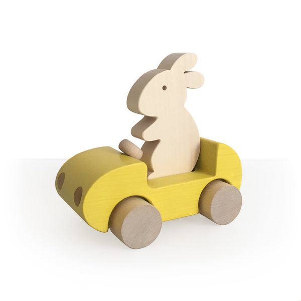 voiture jaune et lapin en bois briki vroom vroom