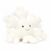 Une peluche en forme de flocon de neige blanche de la marque Jellycat. La peluche a un grand sourire.