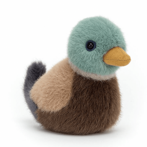 Canard colvert de la marque Jellycat. Sa tête est bleue, son corps marron et son bec jaune. Il mesure 10x7cm.