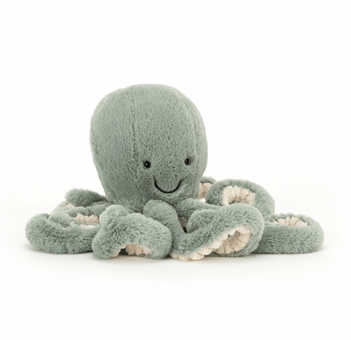 Pieuvre Odyssey Jellycat de couleur verte. Mesure 23cm. Elle a un beau petit sourire.