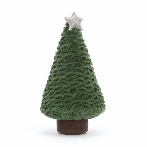 Sapin de Noël de couleur vert avec une petite étoile argenté placée en haut du sapin. La peluche fait un sourire.