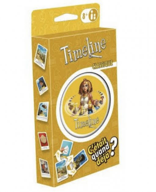 Jeu de société Timeline version classique et écologique ! Au début de la partie, les joueurs reçoivent tous un même nombre de cartes représentant des monuments, des inventions, etc. Au verso de chaque carte est indiquée une date. Pour commencer, une carte est tirée au hasard parmi les cartes non distribuées aux joueurs. Elle est placée au centre de la table face date visible et constitue le point de départ d’une ligne chronologique qui sera peu à peu complétée par les joueurs. De 2 à 8 joueurs. Dès 8 ans.