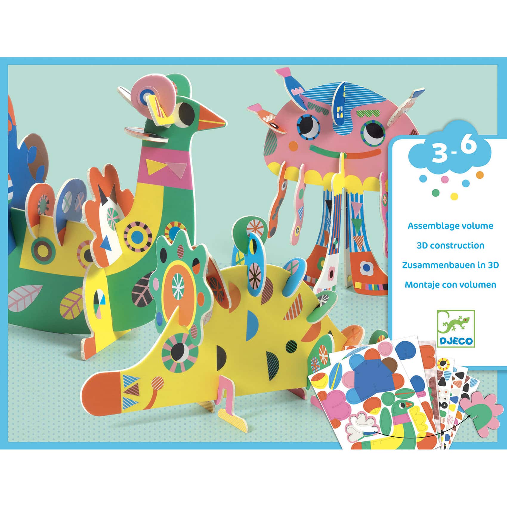 activité enfilage assemblage 3 animaux 3D djeco