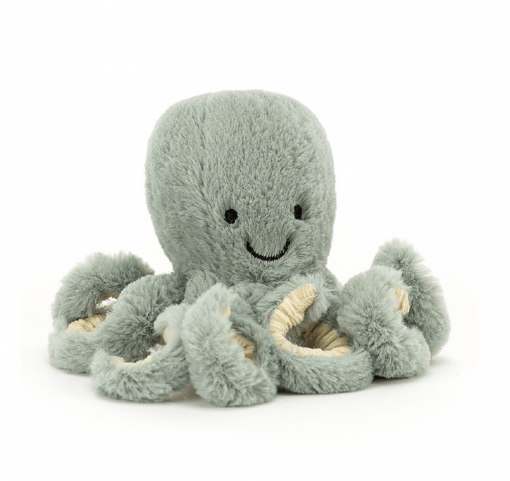 Pieuvre verte Jellycat mesurant 14x7cm. Elle a un beau sourire et est toute douce!