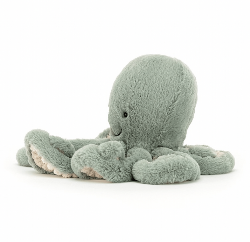 Pieuvre verte Odyssey de la marque Jellycat vue de profil. Mesure 23cm.