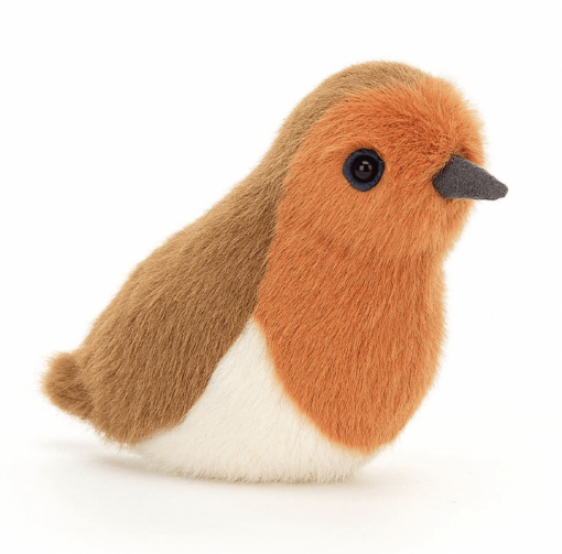 Petit rouge gorge de le marque Jellycat. Son dos est marron, sa tête et son ventre sont orange et son bas du corps et blanc. Il mesure 10x7cm. Convient aux nouveaux-nés.