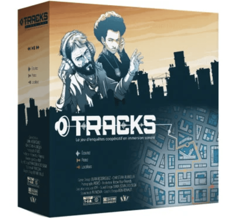 Tracks est un jeu d'enquêtes coopératif en immersion sonore. 15 enquêtes trépidantes pour plus de 6 heures de jeu ! De 1 à 6 joueurs. À partir de 12 ans.